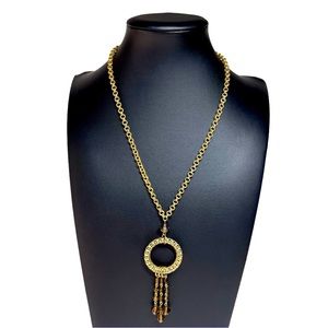 Brown Topaz Crystal Beaded Tassel Circle Necklace Golden 18-20"